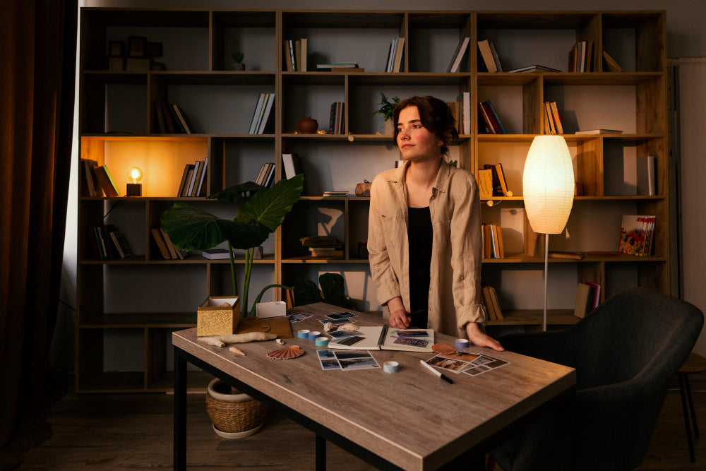 Professional office decor ideas for her featuring elegant shelving, art, and lighting for a confident, polished look.